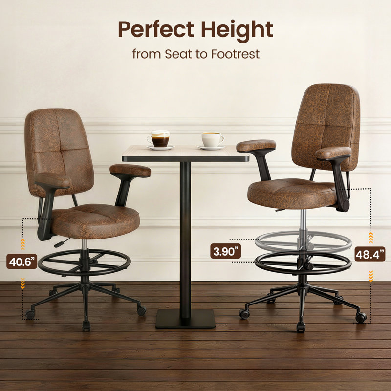 Drafting Chair with Flip‑Up Armrests & Adjustable Footring Ergonomic Height Adjustable Seating, Brown Suede Thick Cushion, 360° Swivel, Ideal for Standing Desks & Home Office