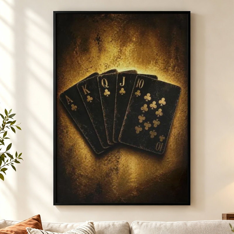 Nature morte main de poker - Tableau sur toile encadrée noire représentant une main de poker, 76 cm (H) x 51 cm (L), Noir