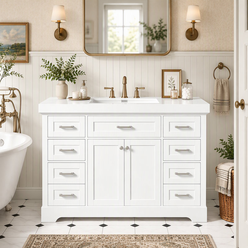 Freestanding Bathroom Vanity with SMC Sink, MDF Cabinet, 2 Doors, 2 Divided Drawers, 4 Storage Drawers, Soft-Close, Adjustable Shelf