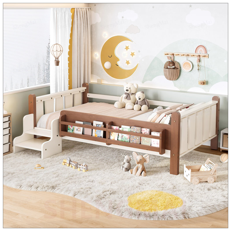 Lit simple au sol avec bibliothèques de rangement, lit pour enfants en bois massif avec de jolis escaliers et garde-corps, aucun sommier nécessaire