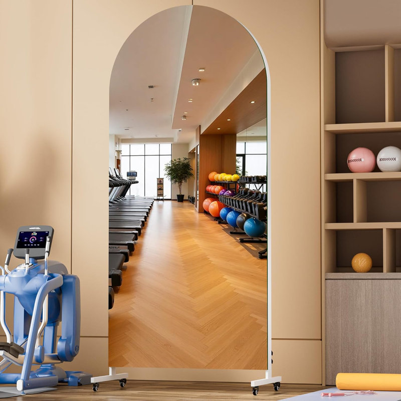 Home Gym Arched Mirror 360° Swivel on Wheels,Extra Large Full Body Rolling Mirror, Tempered Glass Easy to Move Full Length Mirror for Yoga Studio, Bedroom, Dancing Studio 3-Year Warranty