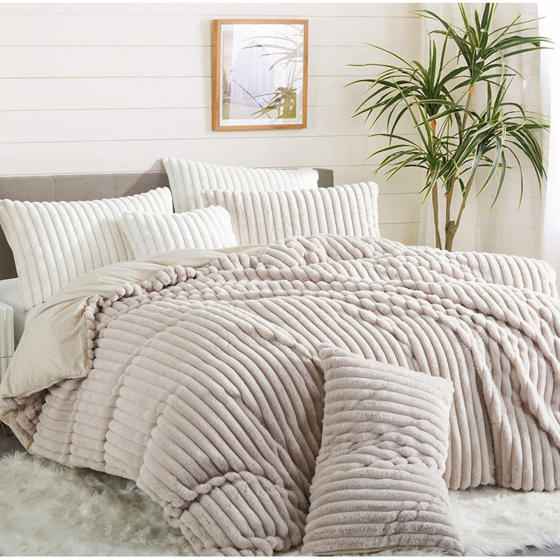 Ensemble de housse de couette rayé moelleux 3 pièces Nayoroom, Housse de couette grand et 2 taies d'oreiller stan, Beige