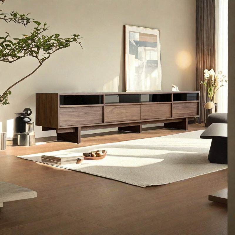 Meuble télé en bois massif avec rangement multicouche durable, L 86,61 po