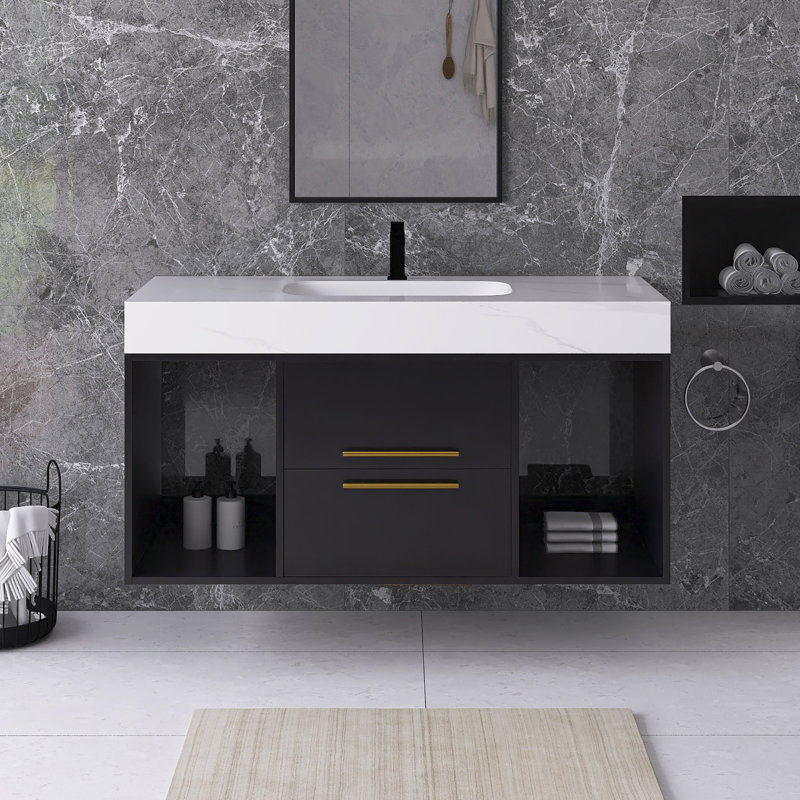 39.4'' Wall Mounted Single Sink Bathroom Vanity With Faux Marble Top, Black