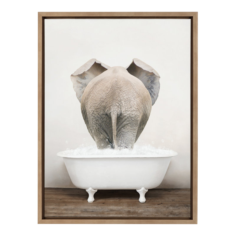 «Elephant Back in Rustic Bath» par Amy Peterson, reproduction d'art sur toile encadrée, Cadre doré