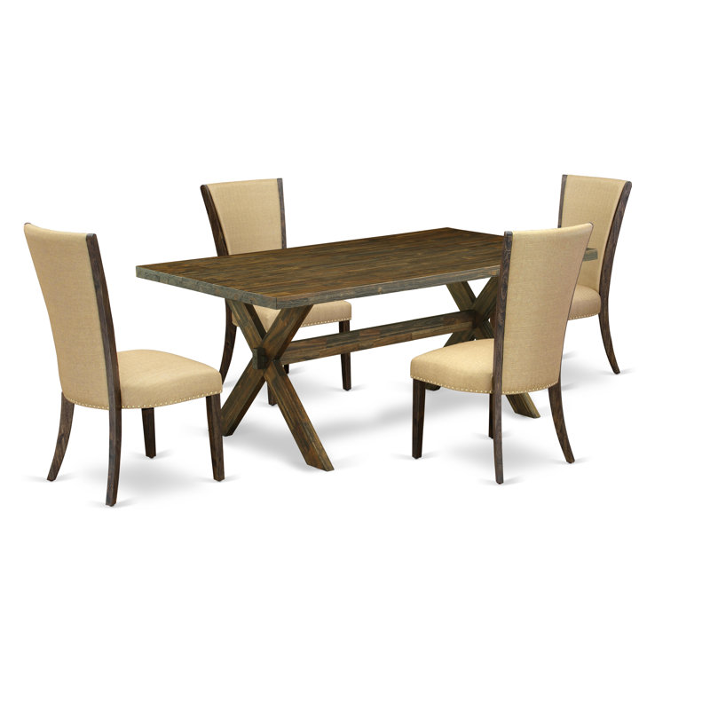 5 Piece Dining Set Includes a Rectangle Dining Room Table with X-Legs and 4 Brown Linen Fabric Upholstered Parson Chairs, Distressed Jacobean