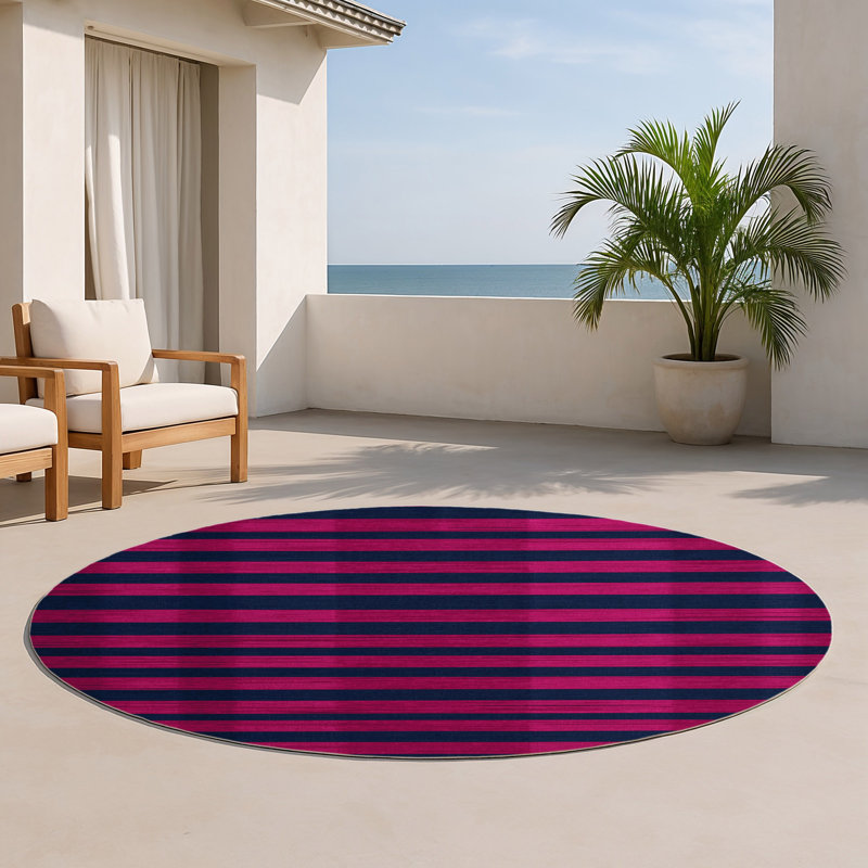 Tapis intérieur / extérieur bleu HorizontalStripes, Rond 5 pi