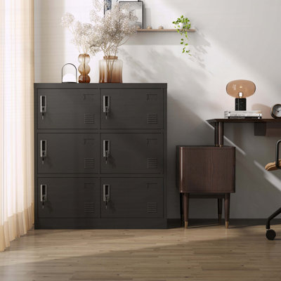 Casier de rangement pour employés 6 portes, casiers en métal pour le bureau, la salle de sport, l'école - noir avec fentes pour cartes