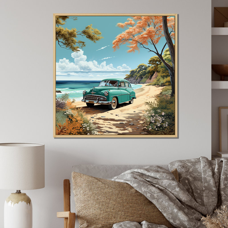 Vintage Oldtimer Classic Turquoise Car Beachside sur impression sur toile, 24" H x 24" W, Cadre naturel flottant