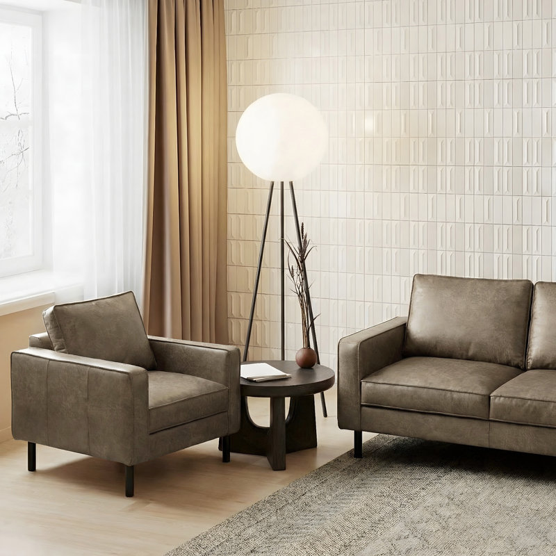 Upholstered Fabric and Leather Armchair, Walnut brown