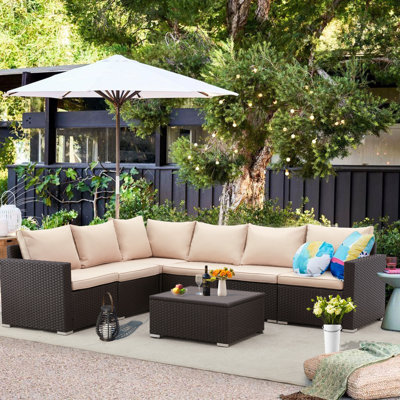 Ensemble de conversation pour l'extérieur 7 pièces, ensemble de canapé de patio en osier toutes saisons, canapé modulaire d'extérieur avec coussins kaki et table basse