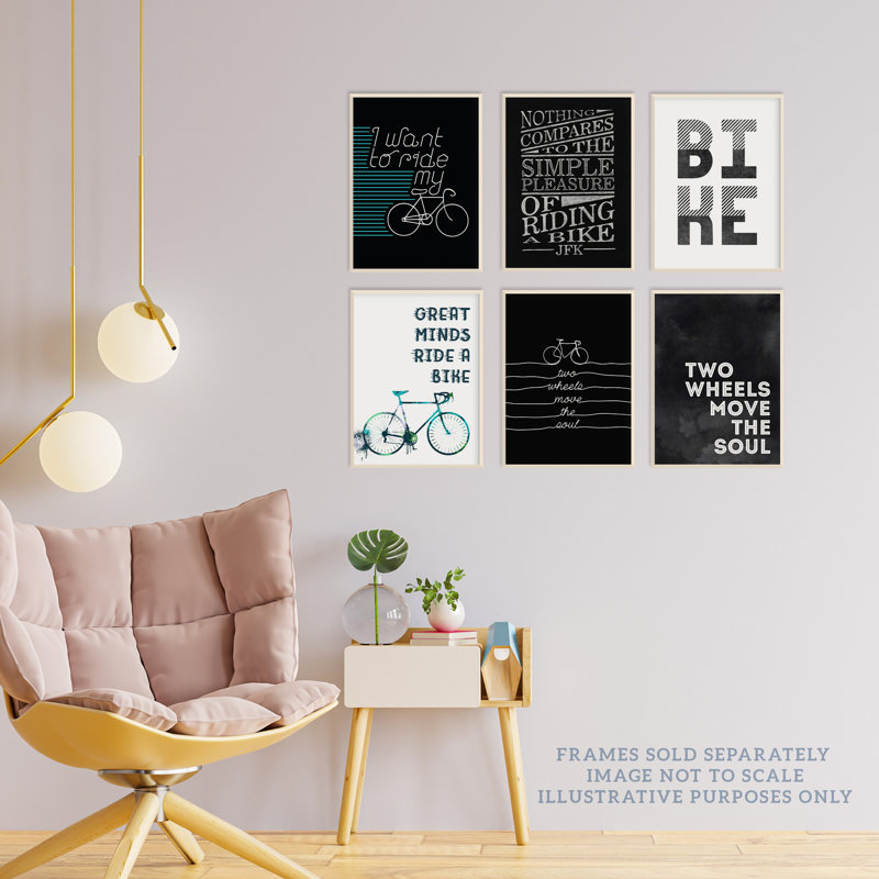 Love Cycling Bicycle Theme Quote Black And White Bike - 6 Piece No Frame Print Set, 40.5cm H x 30.5cm W x 0.3cm D