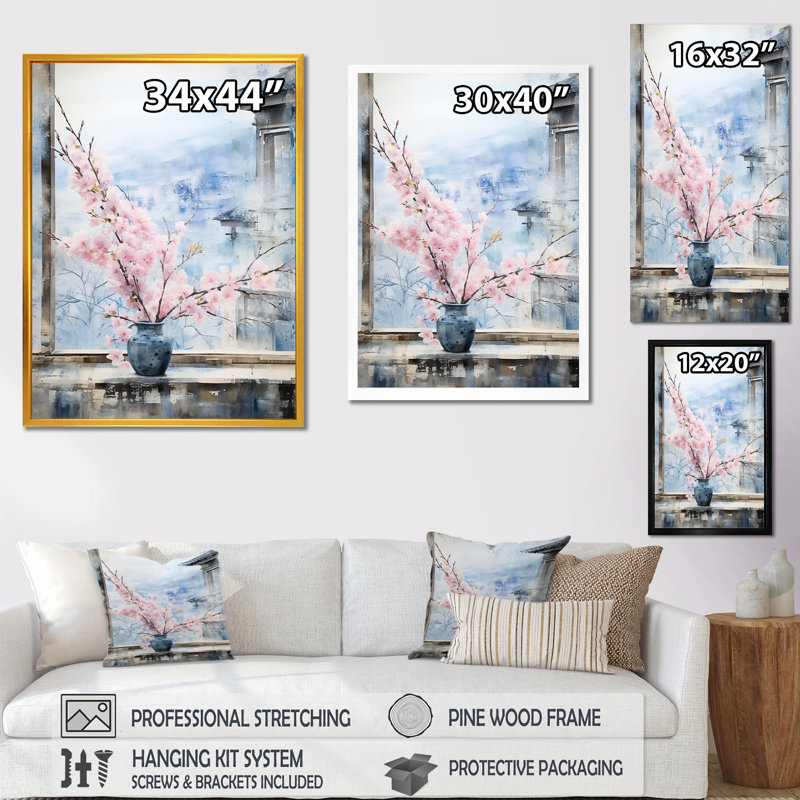 Art floral rose fenêtre rose à Nagasaki I - Japon, Cadre flottant doré, H 60 po x l 28 po x P 1,5 po