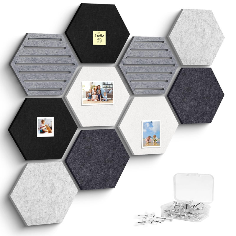 Carreaux de tableau d'affichage hexagonaux en liège, paquet de 10 panneaux de feutre avec 25 punaises, tableau d'affichage de photos pour la décoration murale de bureau et de classe de maison, 11,8 x 10,2 pouces