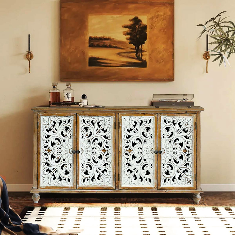Rangement décoratif 4 portes - Armoire pour vestibule. Buffet de salle à manger avec finition peinte, patiné et élégant avec portes. Fabriqué à la main, beau et fonctionnel