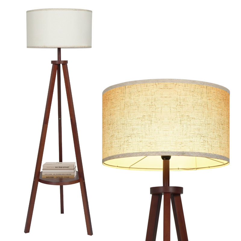 Tamma Tripod Floor Lamp With Shelf, Standing Light Reading Lamp With Large Lampshade, Foot Switch, Brown