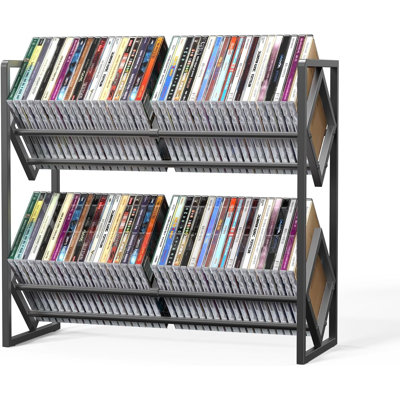 Étagère de rangement métallique à 2 niveaux pour CD, avec séparateur ajustable, pouvant contenir jusqu'à 80 CD. Pieds antidérapants.