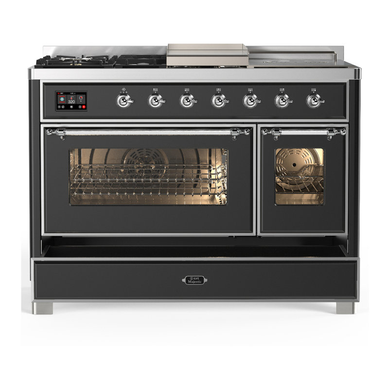 Majestic III Series 48 Inch Dual Fuel Range with 5 Sealed Burners, Griddle, Frenchtop in Glossy Black (Natural Gas, Burnished Trim)