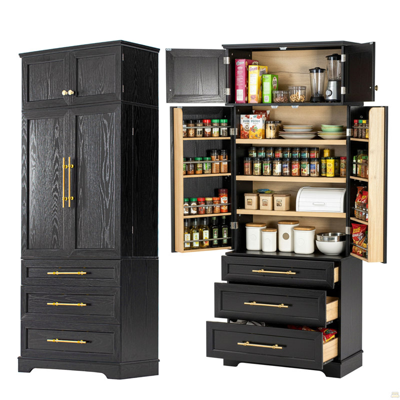 78.2" Tall Farmhouse Kitchen Pantry Cabinet With 8 Door Shelves, Storage Cabinet With 3 Adjustable Shelves, Black