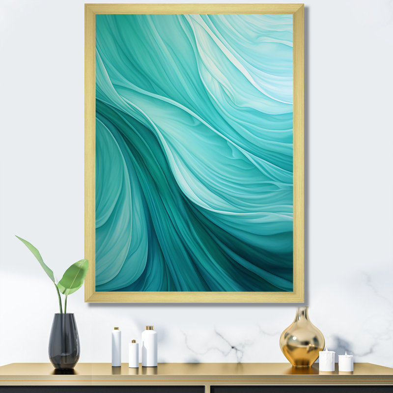 Turquoise, gauchissement des vagues - reproduction d'art sur toile abstraite, Encadrement doré, H 40 po x l 30 po
