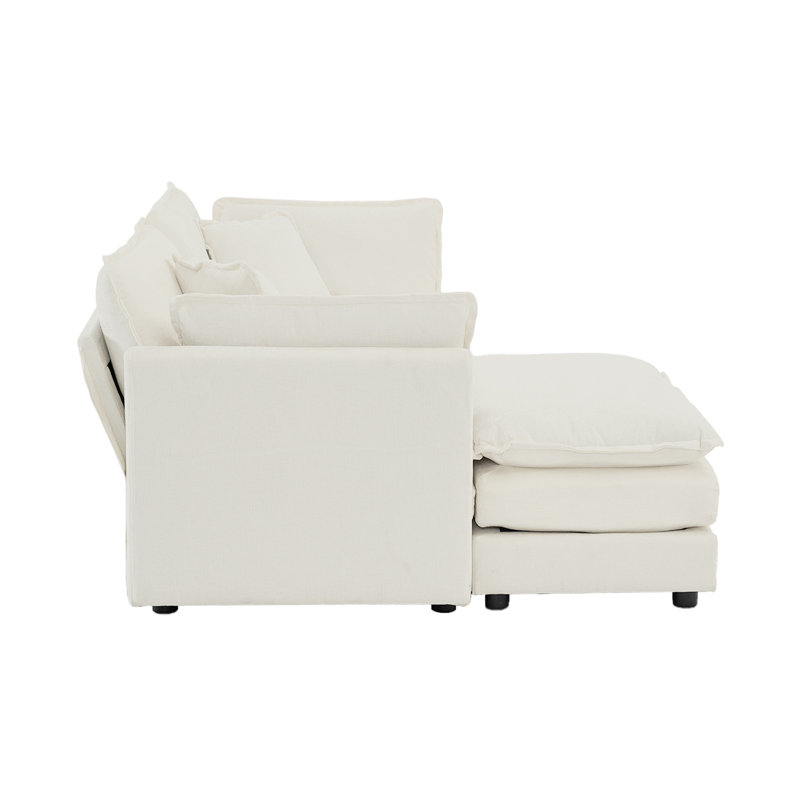 Canapé en chenille deux places avec repose-pieds, canapé modulaire en L avec repose-pieds 2 places, causeuse avec repose-pieds pour petit espace de vie, chenille blanche