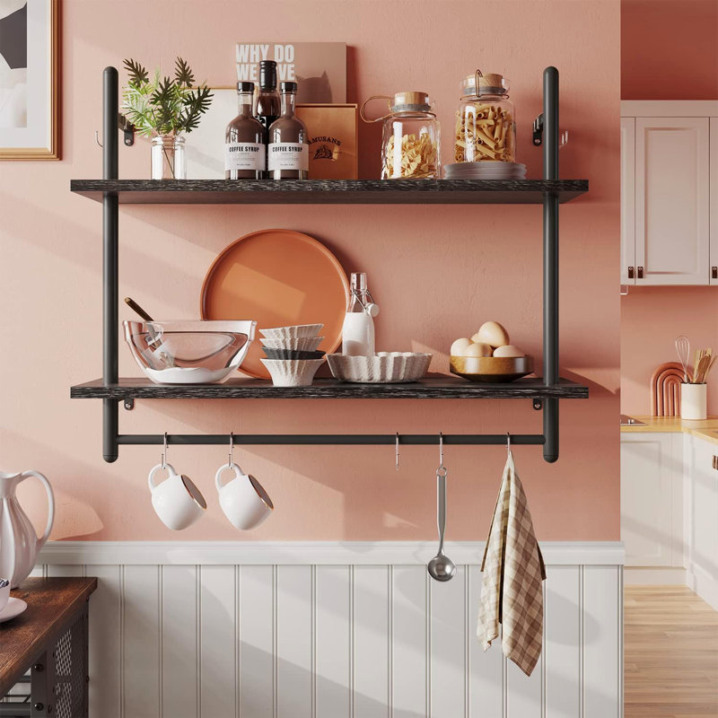 Floating Shelf With Towel Bar And Hooks - Industrial Wall-Mounted Storage Shelf For Kitchen, Bathroom, Living Room - Sturdy Wrought Iron And Particle Board Design