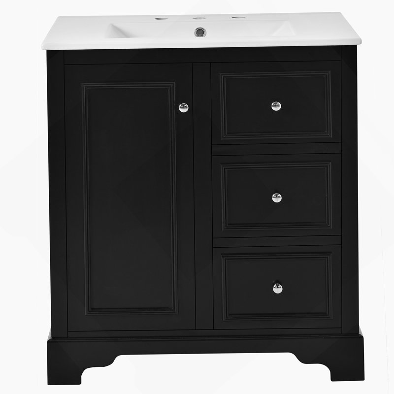 Meuble-lavabo de 30 pouces avec 3 tiroirs et armoire à miroir, Noir