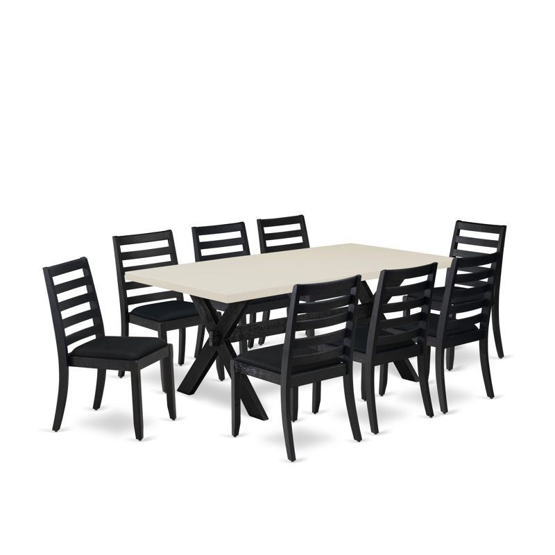 9-piece dining table set consists of a breakfast table with top and 8 stackable kitchen chairs with Black Polyester Fabric - (Option Finish)