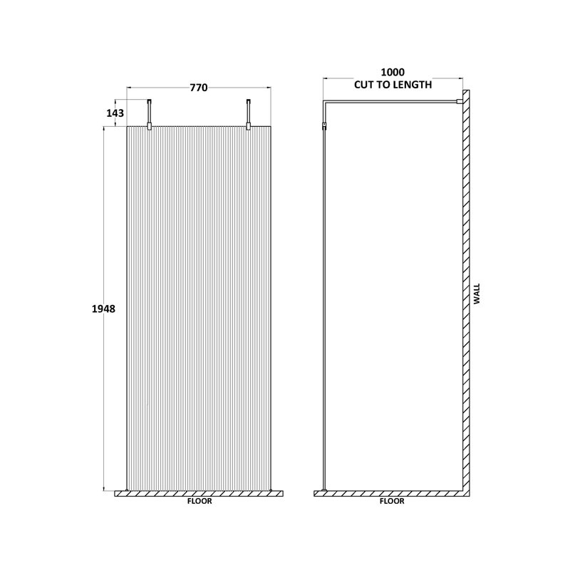 Fluted 1948mm H Frameless Wet Room Screen with Glass, 770 cm