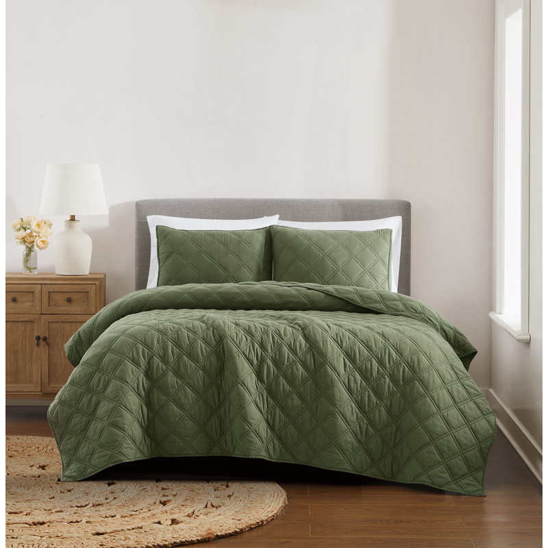 Brooklyn Loom Diamond Washed Cotton Quilt Set, Green, Queen Quilt  + 2 Shams