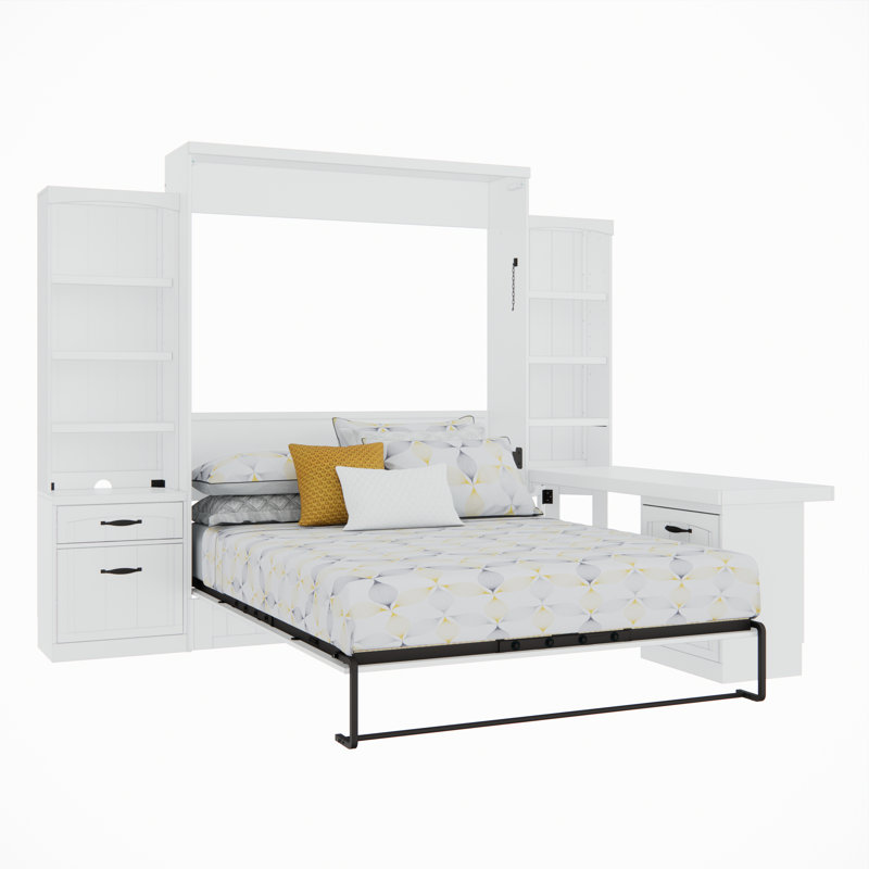 Grand lit plateforme avec rangement en bois massif Isalgue, Blanc