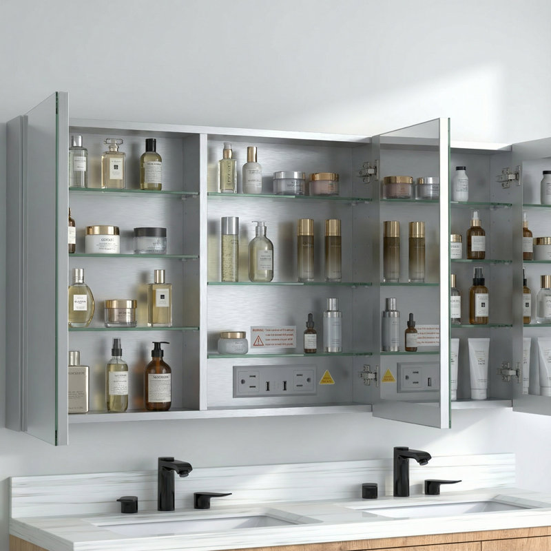 Armoire à pharmacie 60 po x 30 po de haut rectangulaire en aluminium encastrée / à fixation en surface avec miroir, éclairage DEL et horloge, argent