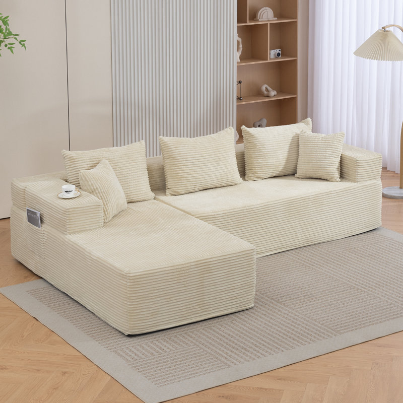 Boneless Modular Sectional Sofa with L-Shape Chaise, Corduroy Boneless Couches for Living Room, No Assembly,, Beige
