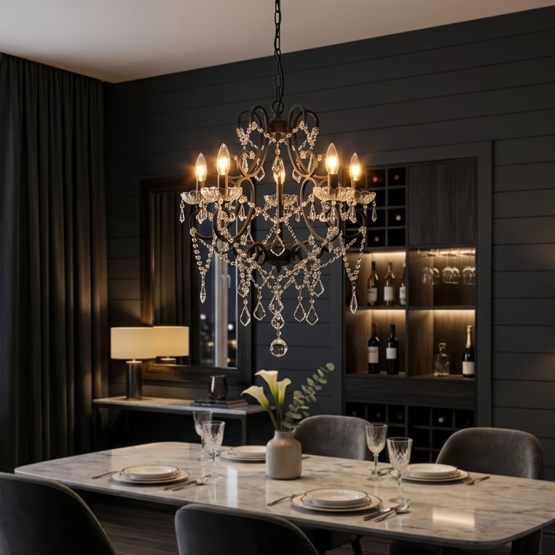 Tomball 5 - Light 22"W Candle Style Classic/Traditional Chandelier with Crystal Accents & Black Metal for Dining Room or Living Room
