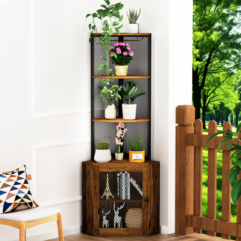 Étagère d'angle rustique de 65 po avec portes, étagères de rangement à 6 niveaux et cadre, pour le salon, support à verres à vin pour armoire de bureau, tablette stable, balcon autoportant, cuisine