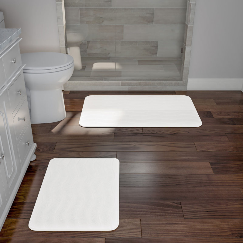 2 Piece Bathroom Rug Set - 32x20 Inch and 23x17 Inch Memory Foam Bath Mats with Textured Wave Print for Stylish Bathroom Decor - Bath Rugs Non Slip Washable Bathmats (White)