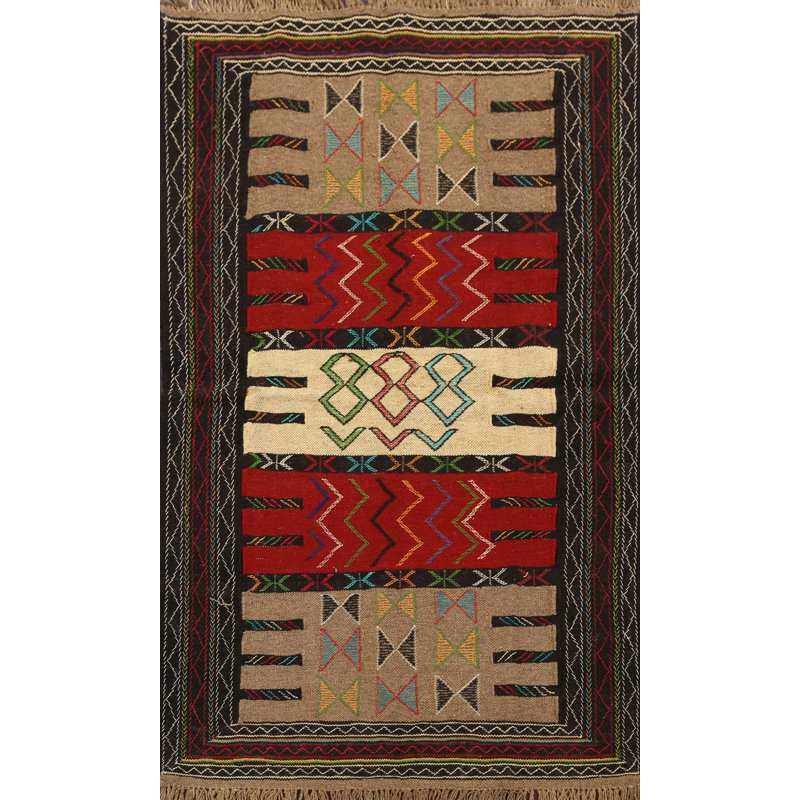 Tapis de la zone en laine rouge/beige/noir 3 pi 6 po x 5 pi 10 po one-of-kind main-noué la