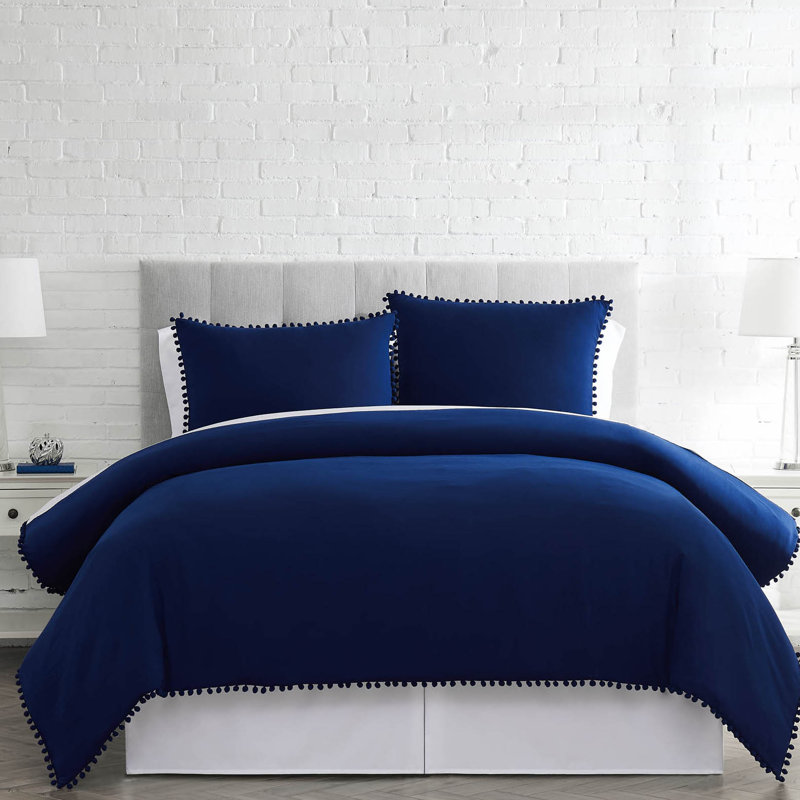 Pom Pom Oversized Microfiber Duvet Cover Set by Southshore Fine Linens, King/Cal. King Duvet Cover + 2 Queen Shams, Navy Blue