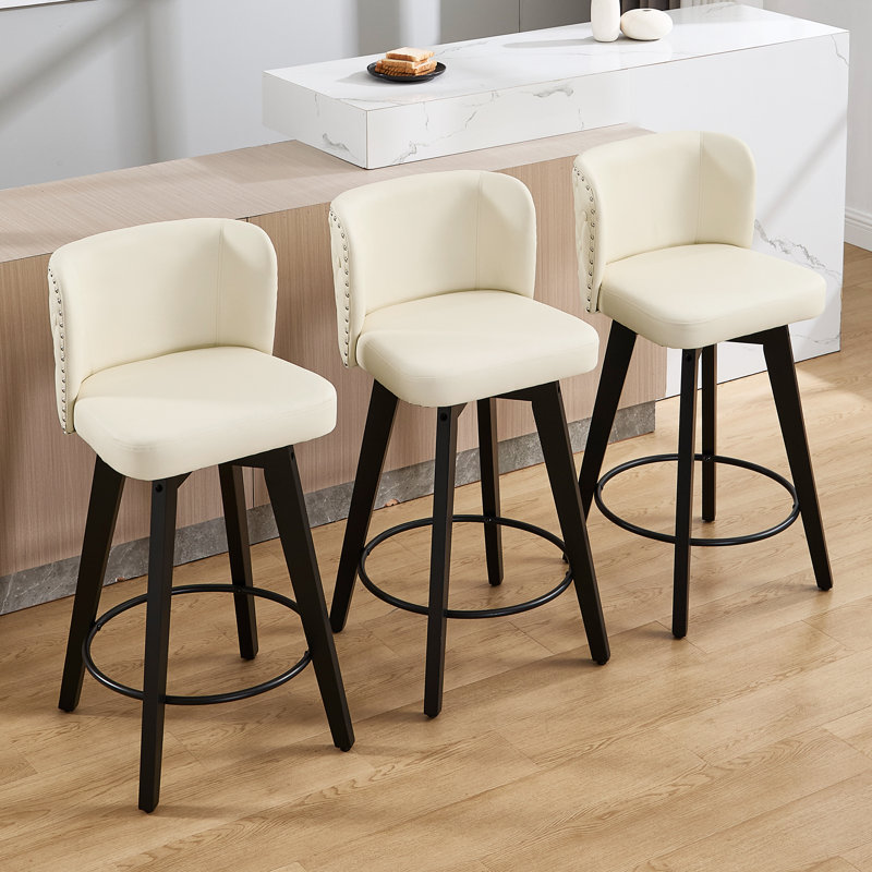 Ensemble de 3 tabourets de bar pivotants, siège en similicuir avec dossier capitonné, pieds en bois massif, chaises de bar à hauteur de comptoir pour îlot de cuisine, salle à manger, café