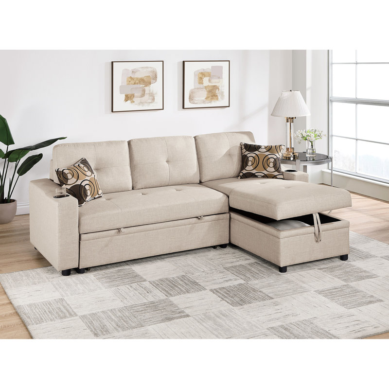Beige Sectional With Extendable Bed And Convenient Storage Chaise 4 Pullout Bed, Cup Holders Practical Area, Beige