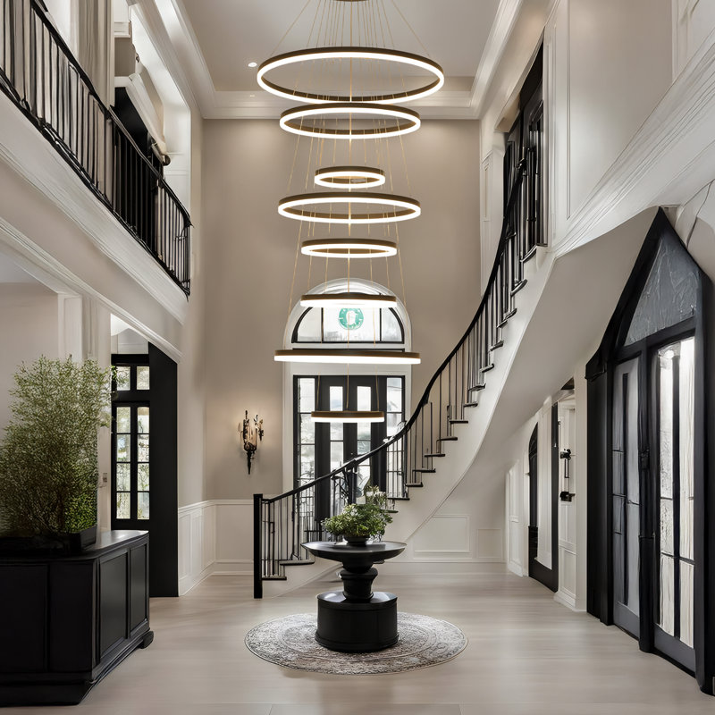 8-Rings Modern Led Chandelier Black Contemporary Dimmable Ceiling Pendant Light With Remote Control, Foyer High Ceiling Chandelier For Staircase Living Room Entryway