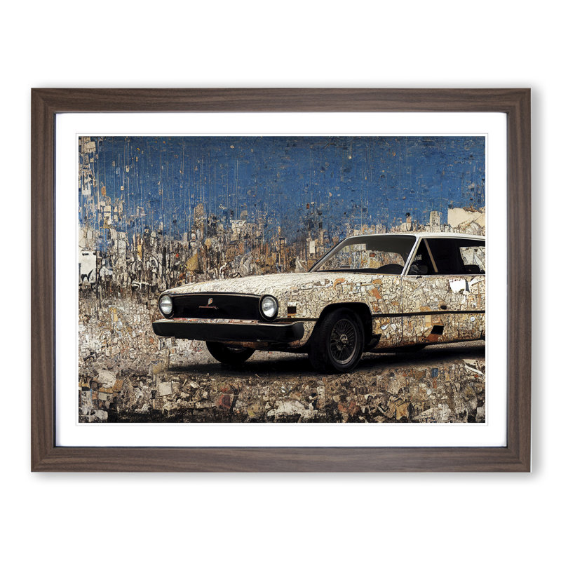 XH1022-7595X Rusted Car - Single Picture Frame Painting, 34cm H x 46cm W x 2cm D, Walnut
