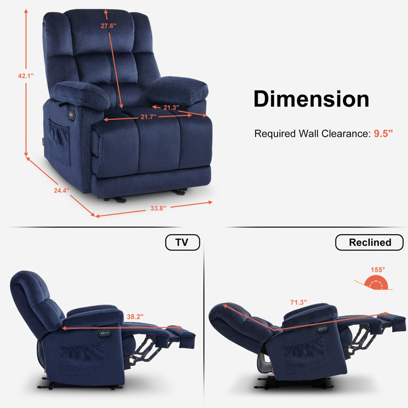 Texana Power Recliner with Massage and Heat, Extended Footrest, Navy Blue Fabric