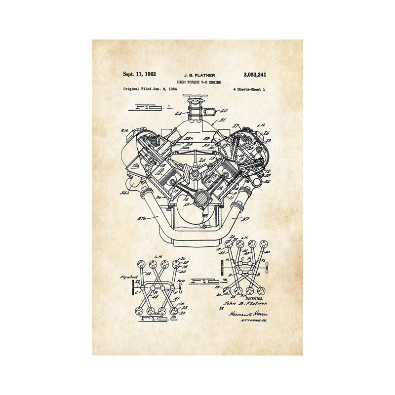 «426 Hemi Engine» par brevet77 - reproduction de dessin sur toile tendue, H 18 po x l 12 po x 1,5 po