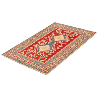 Tapis unique en laine noué à la main 4 pi x 6 pi nouvel âge en crème / bleu foncé / vert clair Adacia