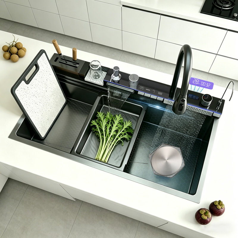 Multifunctional Stainless Steel Kitchen Sink 88X48cm Single Bowl With Faucet Right-Side Drain Sinks