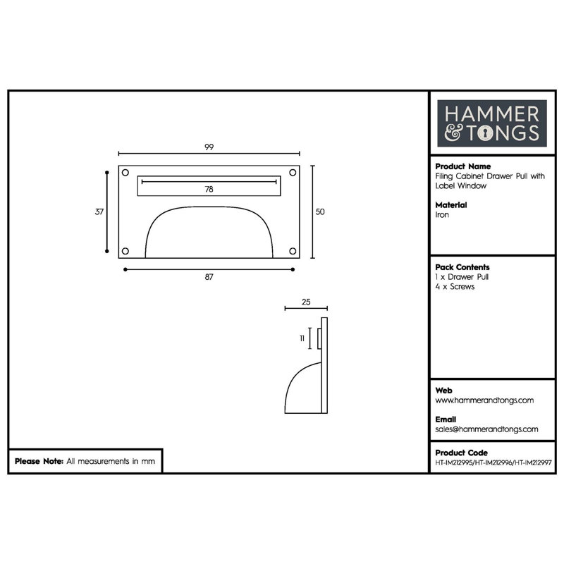 Hammer & Tongs - Filing Cabinet Cup Handle with Card Frame - W100mm x H50mm - Black