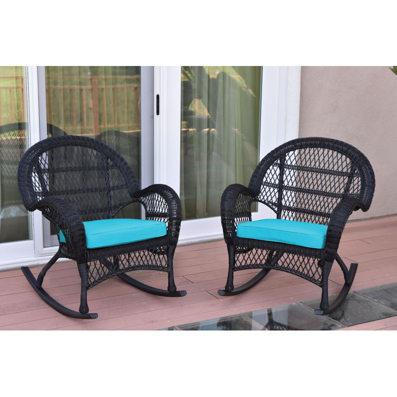 Chaise berçante en osier avec coussins Berchmans, Noir, Bleu ciel