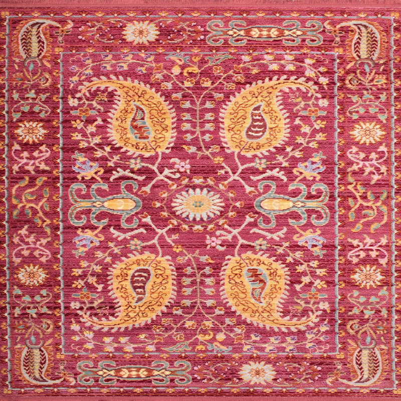 Tapis traditionnel rose / rouge / orange, Carré 8 pi