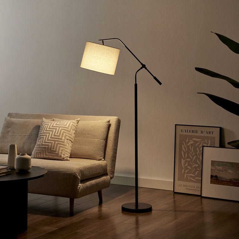 Claudie Sculptural Overhang Arm Standing Floor Lamp With Shade - Industrial Elegant Design, Black